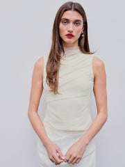 Mesh Patchy Turtle Neck Solid Ruched Crop Top