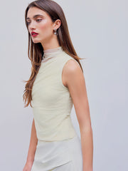 Mesh Patchy Turtle Neck Solid Ruched Crop Top