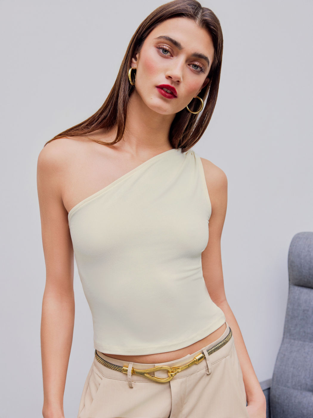 Asymmetrical Neck Solid Crop Top