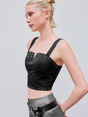 V-neck Studded Zipper Crop Top