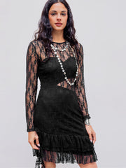 Lace Round Neck Floral Ruffle Mini Dress