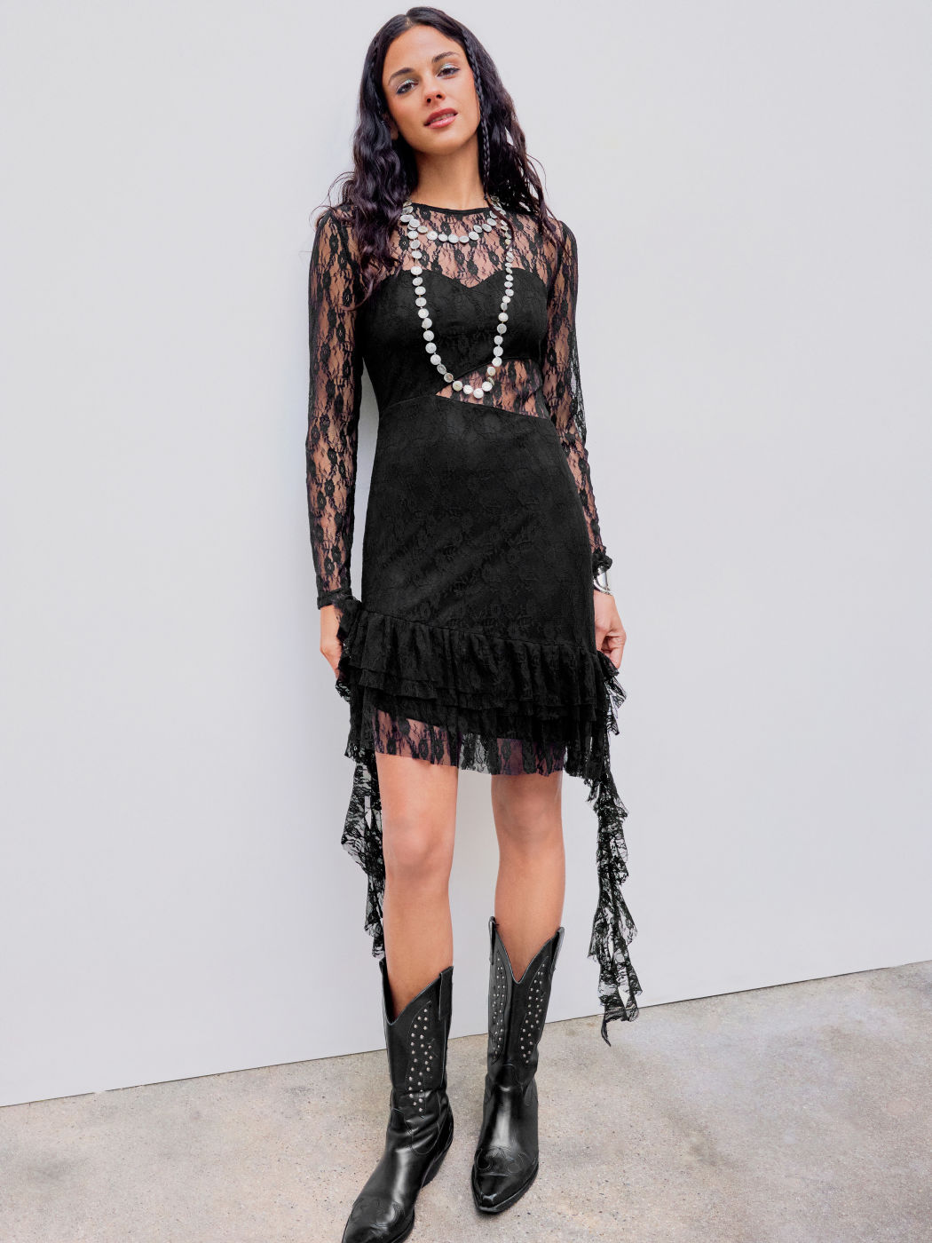Lace Round Neck Floral Ruffle Mini Dress