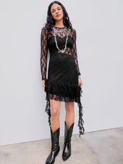 Lace Round Neck Floral Ruffle Mini Dress