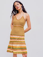 Knitted Halter Striped Ruffle Hem Midi Dress