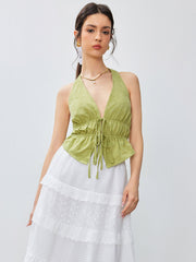 Halter V-neck Knotted Ruched Crop Top