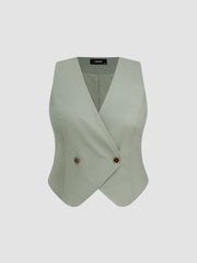 Linen-blend V-neck Button Vest & Mid Rise Pocket Wide Leg Trousers Curve & Plus
