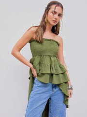 Two Way Strapless Shirred Ruffle Asymmetrical Hem Tube Blouse