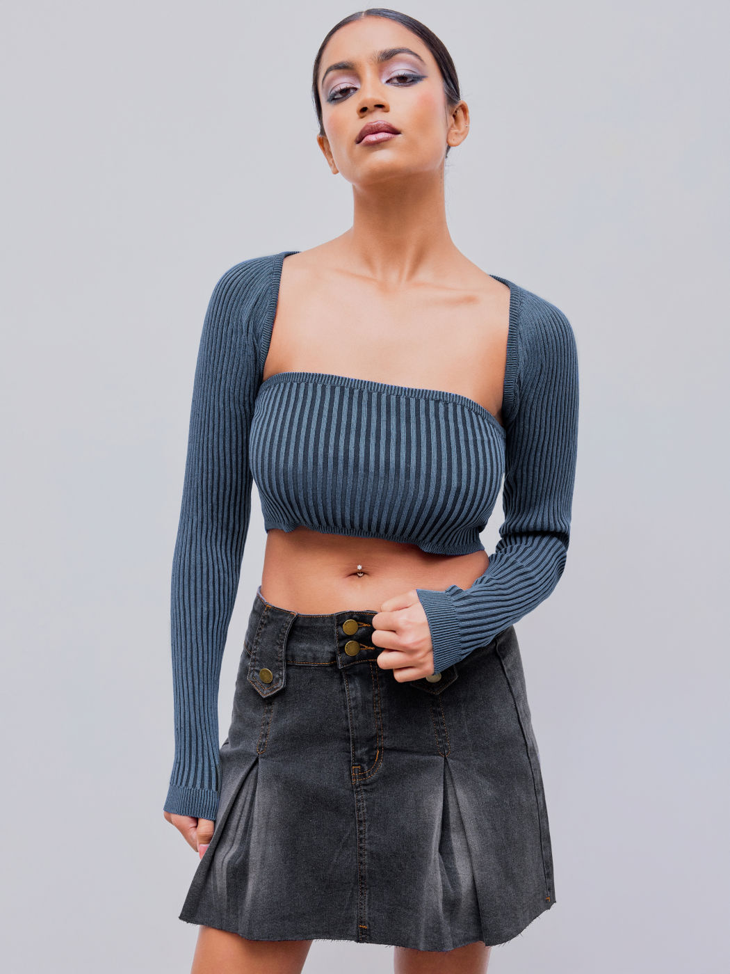 Rib Solid Knitted Tube Top & Long Sleeve Shrug