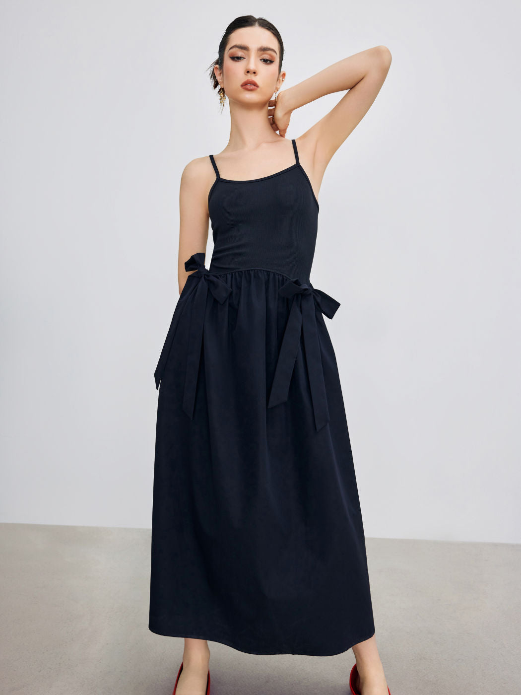 Jersey Collarless Bowknot Cami Maxi Dress