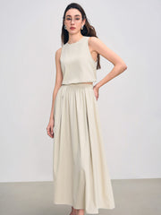 Woven Round Neck Solid Crop Tank Top & Mid Rise Ruffle Maxi Skirt