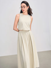 Woven Round Neck Solid Crop Tank Top & Mid Rise Ruffle Maxi Skirt