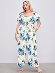 Square Neck Puff Sleeve Floral Jumpsuit Curve & Plus