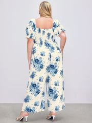 Square Neck Puff Sleeve Floral Jumpsuit Curve & Plus