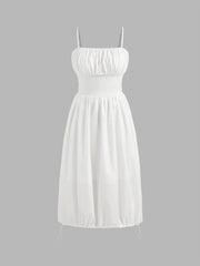 Woven Square Neck Corset Ruched Midi Dress