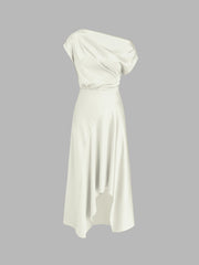 Asymmetrical Boat Neck Ruffle Maxi Dress