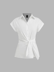 Woven Collar Solid Knotted Short Sleeve Shirt