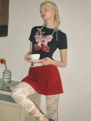 Round Neck Bowknot & Cherry Graphic Crop Short Sleeve Tee
