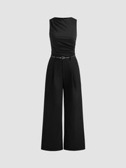 Woven Boat Neck Solid Ruched Jumpsuit With Belt