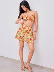 Woven Halter Floral Crop Top & Lettuce Trim Mid Rise Mini Skirt