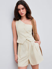 Linen-blend Asymmetrical Neck Solid Vest