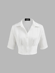Satin Collar Solid Crop Short Sleeve Shirt