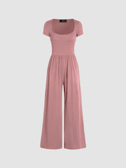 Scoop Neckline Short Sleeve Wide Leg Jumpsuit