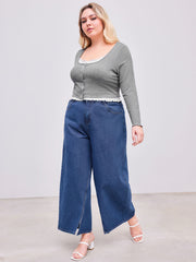 Rib Button Crop Long Sleeve Top With Ruffle Hem Cami Top Curve & Plus