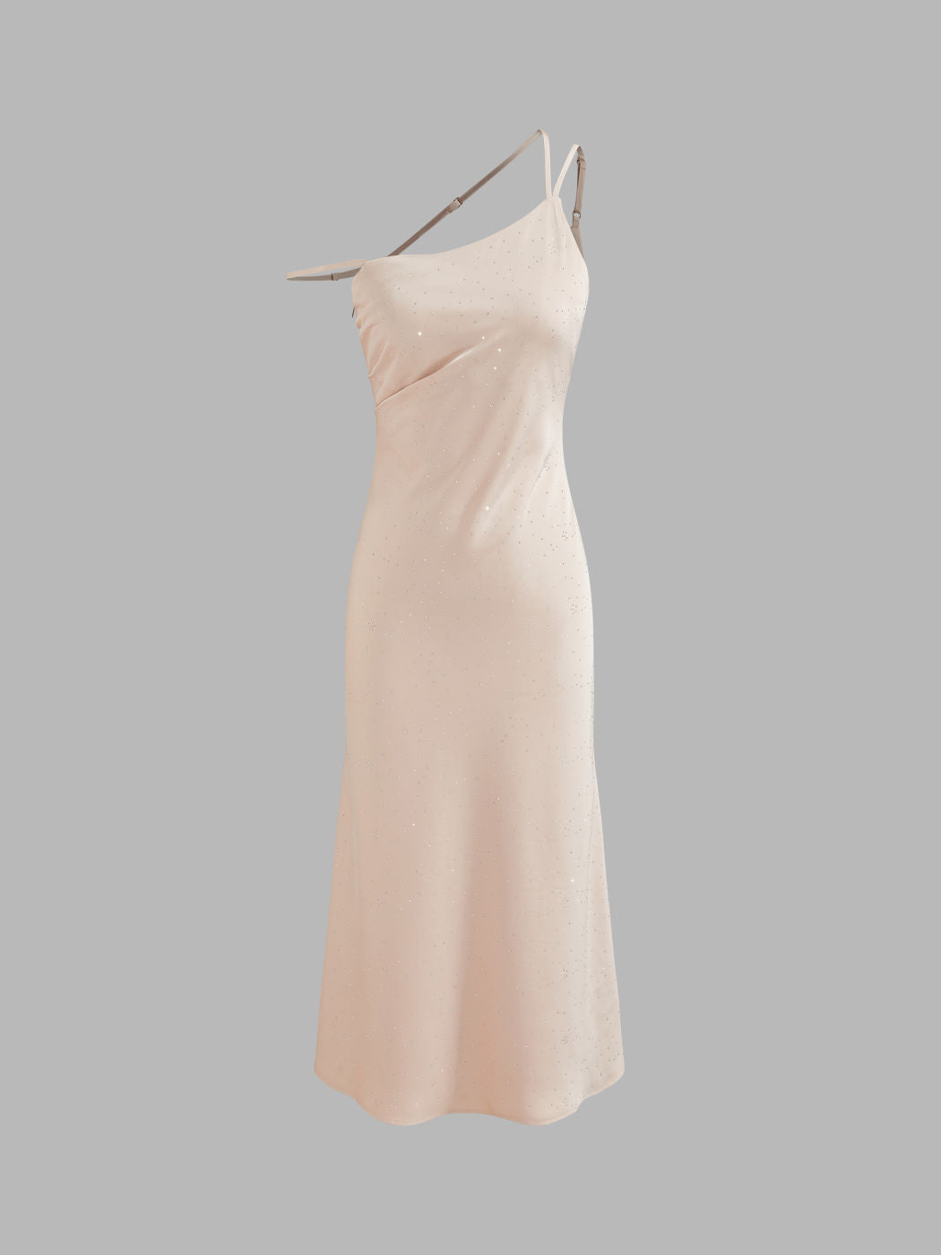Satin Asymmetrical Neck Rhinestone Ruched Midi Dress