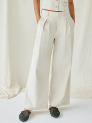 Linen-blend Mid Rise Pleated Solid Wide Leg Trousers