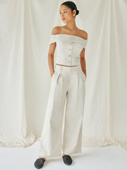 Linen-blend Mid Rise Pleated Solid Wide Leg Trousers
