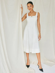 Linen-blend Square Neck Solid Shirred Midi Dress