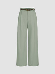 Petite Linen-blend Mid Rise Solid Wide Leg Trousers With Belt