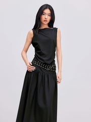 Woven Boat Neck Sleeveless Maxi Dress With Belt