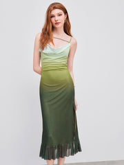 Mesh Cowl Neck Gradient Split Midi Dress