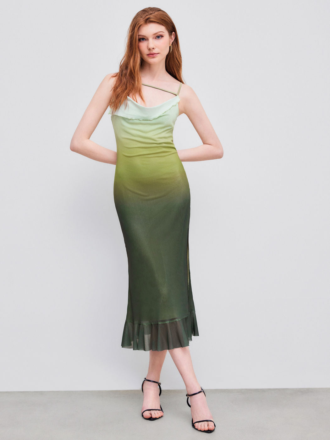 Mesh Cowl Neck Gradient Split Midi Dress
