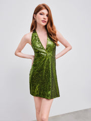 Sequin V-neck Halter Knotted Mini Dress