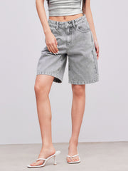 Cider Denim Mid Rise Solid Straight Leg Shorts