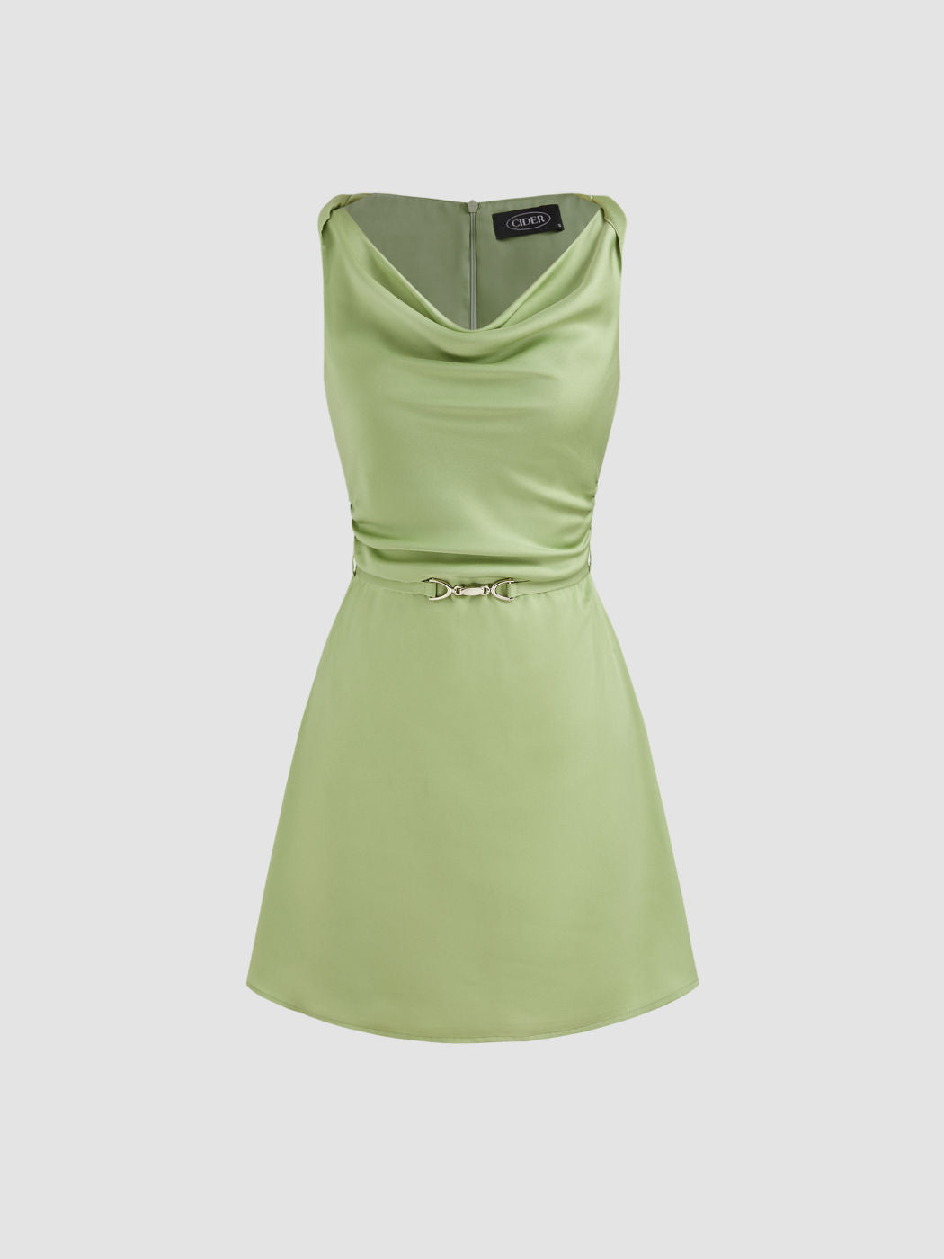 Woven Cowl Neck Solid Mini Dress With Belt