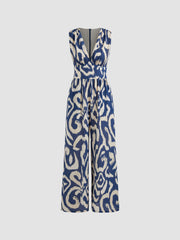 Woven V-neck Abstract Sleeveless Wide Leg Jumpsuit