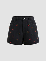 Cider Denim Mid Rise Cherry Embroidery Shorts Curve & Plus