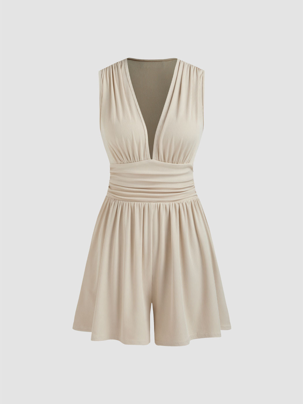V-neck Solid Ruched Pocket Romper