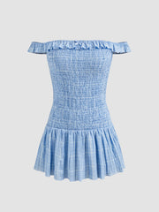 Square Neck Check Bowknot Shirred Mini Dress With Mid Rise Check Bloomers