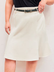 Woven Mid Rise Solid Midi Skirt With Belt Curve & Plus