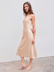 Satin Asymmetrical Neck Rhinestone Ruched Midi Dress
