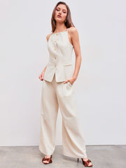 Linen-blend Mid Rise Solid Pleated Wide Leg Trousers
