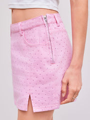 Denim Low Rise Rhinestone Split Mini Skirt