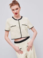 Woven Round Neckline Contrasting Binding Pearl Button Crop Short Sleeve Top