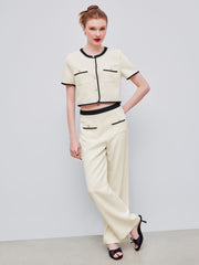 Woven Round Neckline Contrasting Binding Pearl Button Crop Short Sleeve Top
