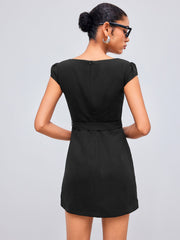Woven Boat Neck Solid Mini Dress With Belt