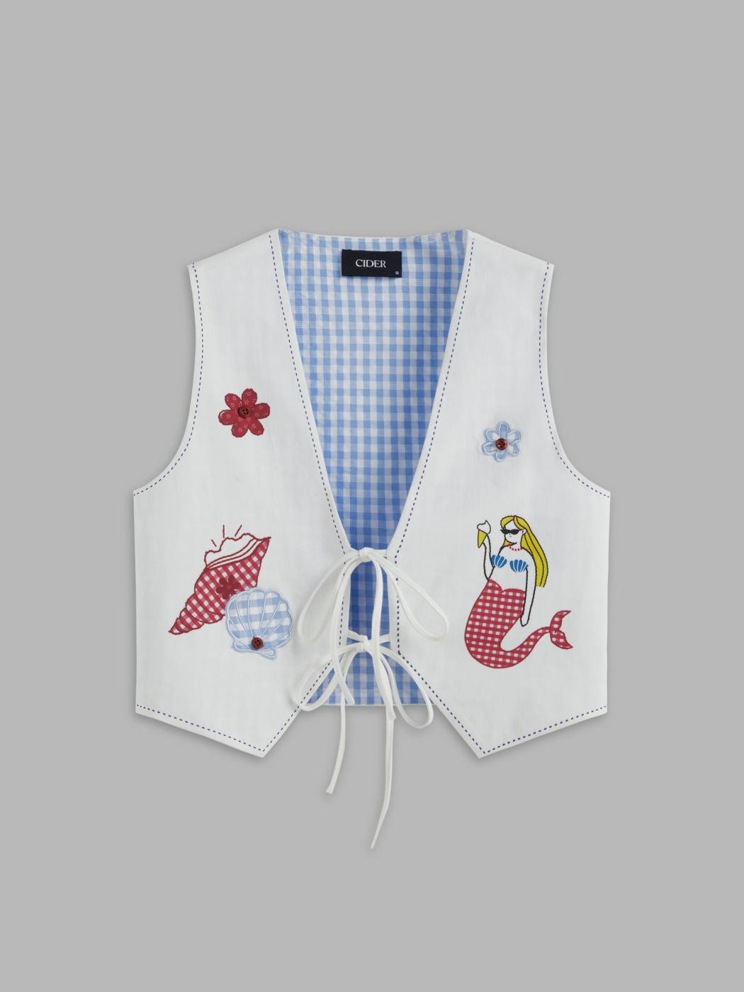 Reversible Gingham Shell & Mermaid Graphic Knotted Vest